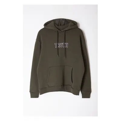 Trendyol Khaki Oversize/Wide Cut Text Embroidered Hooded Fleece/Warm Sweatshirt