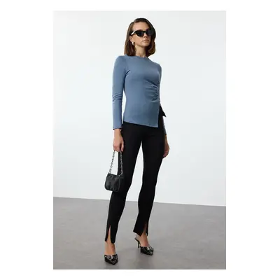 Trendyol Indigo Single Slit Detailed Cotton Gathered Crew Neck Knitted Blouse