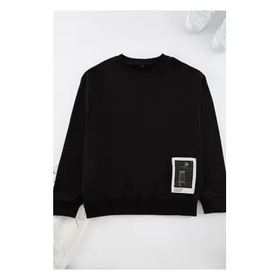 Trendyol Black Relaxed/Relaxed Fit Art Theme Applique Cotton Sweatshirt