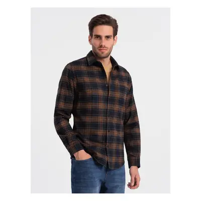 Ombre Men's checkered flannel shirt - navy blue and orange