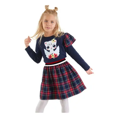 Denokids Winged Cat Girl Navy Blue Plaid Dress