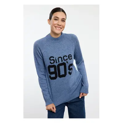 Trendyol Blue Soft Textured Slogan Detailed Knitwear Sweater