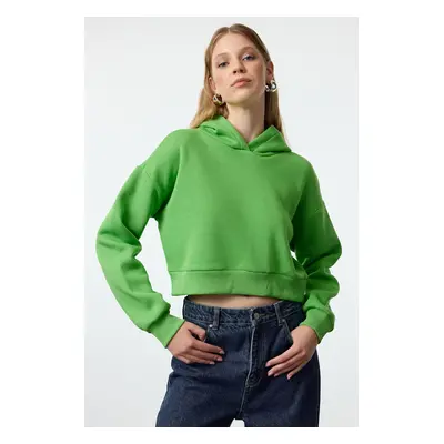 Trendyol Green Thick Fleece Hooded Relaxed Cut Crop Knitted Sweatshirt