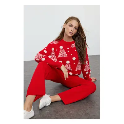 Trendyol Red New Year Themed Knitwear Top-Top Set