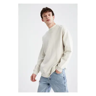 DEFACTO Men's Beige Boxy Fit Crew Neck Printed Sweatshirt