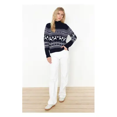 Trendyol Navy Blue Christmas Theme Patterned Knitwear Sweater