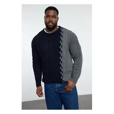 Trendyol Navy Blue FL Men's Slim Crew Neck Color Block Knitwear Plus Size Sweater