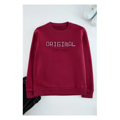 Trendyol Burgundy Slim/Slim Cut Puffy Printed Sweatshirt