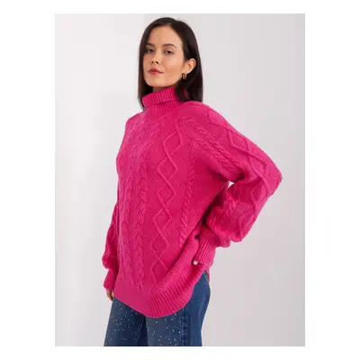 Fuchsia sweater with cables and cuffs