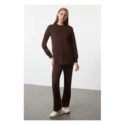 Trendyol Brown Ribbed Oversize Yarn Plain Knitted Top-Bottom Set