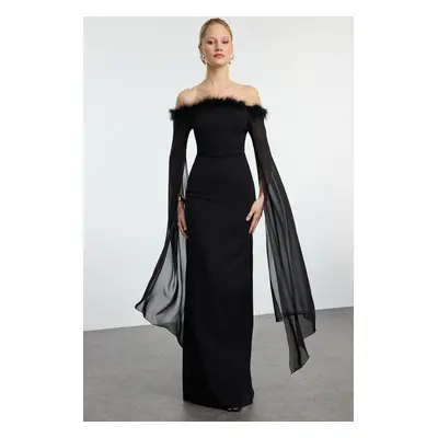 Trendyol Black Sleeve Detailed Otriches Long Evening Dress