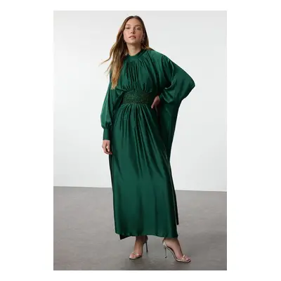 Trendyol Dark Green Satin Woven Stone Detailed Evening Dress