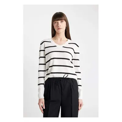 DEFACTO Relax Fit V Neck Soft Texture Striped Sweater