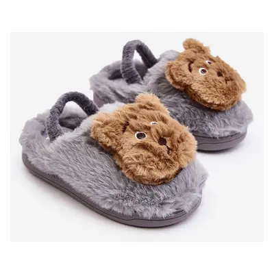 Children's fur slippers with teddy bear, Grey Dicera