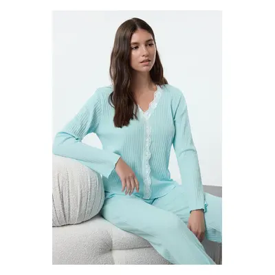 Trendyol Mint Lace Detailed Ribbed Knitted Pajama Set