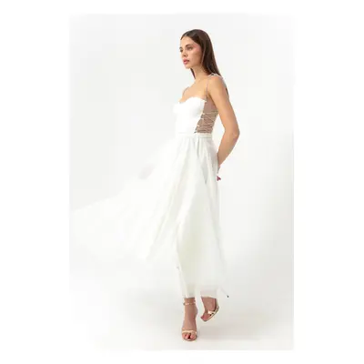 Lafaba Women's White Stone Straps, Flare Cut Midi Evening Dress