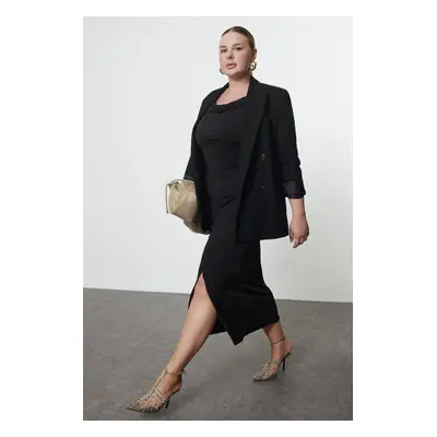 Trendyol Curve Black Crepe Slit Detailed Maxi High Waist Stretchy Knitted Skirt