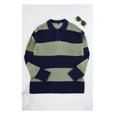 Trendyol Multicolored Regular Couple Polo Collar Striped Knitwear Sweater