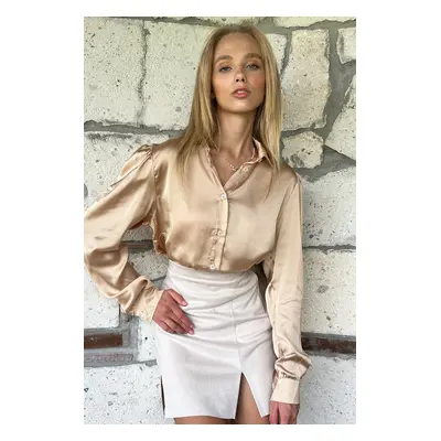 Trend Alaçatı Stili Women's Beige Satin Crop Shirt