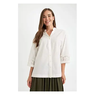 DEFACTO Relax Fit Open Collar Basic Plain Sleeve Lace Half Sleeve Shirt