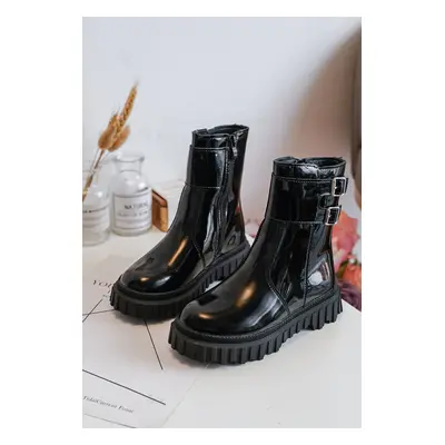 Children's patent leather ankle boots with buckles, Black Chloraia