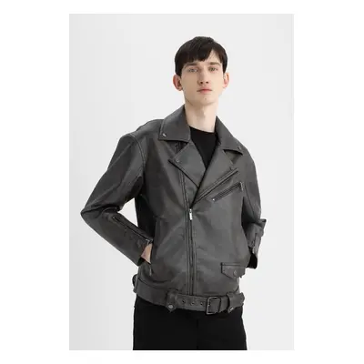 DEFACTO Slim Fit Polo Collar Faux Leather Jacket Coat