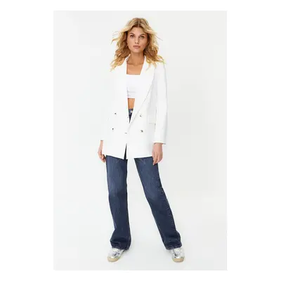 Trendyol White Oversize Lined Buttoned Woven Blazer Jacket