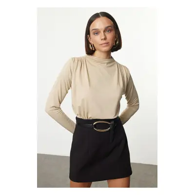 Trendyol Stone Fitted Stand Collar Gather Drape Detailed Snap-Front Flexible Knitted Bodysuit