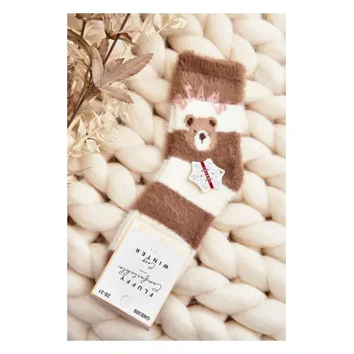 Children's fur socks with teddy bear, brown and white