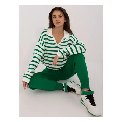 Ecru and Green Striped Casual Knit Set