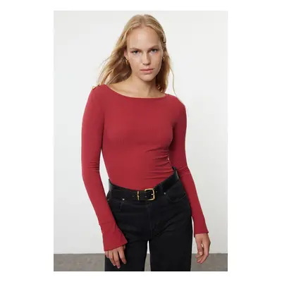 Trendyol Burgundy Boat Neck Ribbed Flexible Regular Fit Long Sleeve Button Detailed Knitted Blou