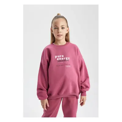 DEFACTO Girl's Oversize Fit Crew Neck Thick Sweatshirt with Soft Fuzzy Inside