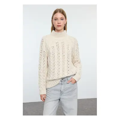 Trendyol Stone Soft Texture Wide Pattern Openwork/Hole Stand Collar Knitwear Sweater