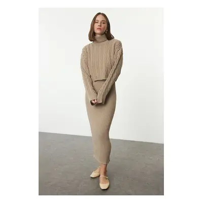 Trendyol Mink Midi Knitted Sweater-Dress Set