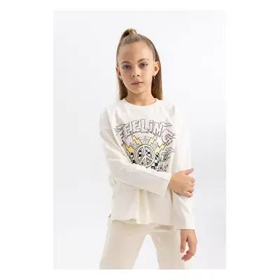 DEFACTO Girl's Oversize Fit Printed Crew Neck Long Sleeve T-Shirt