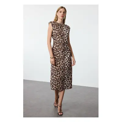 Trendyol Brown Leopard Patterned Straight Cut Padded Woven Dress