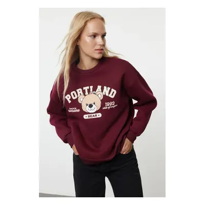 Trendyol Burgundy Printed Oversize/Wide Fit Crew Neck Thick Knitted Sweatshirt