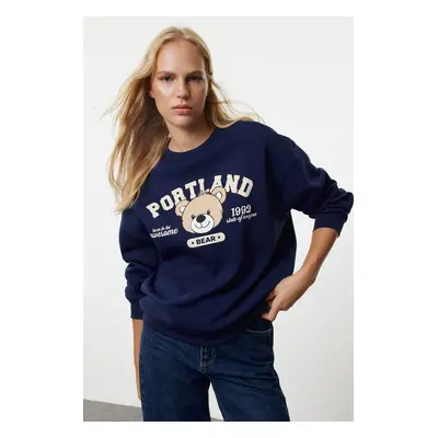 Trendyol Navy Blue Printed Oversize/Wide Fit Crew Neck Thick Knitted Sweatshirt