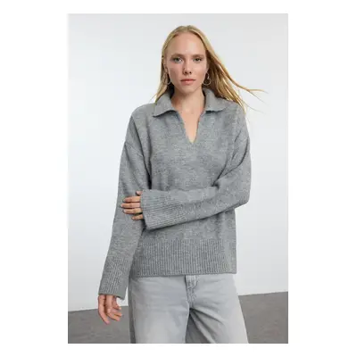 Trendyol Grey Wool Wide Pattern Polo Neck Basic Knitwear Sweater