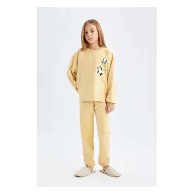 DEFACTO Girls Bear Printed Long Sleeve Top Long Bottom Pajama Set