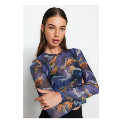 Trendyol Multicolor Printed Tulle Fitted Crop Stretchy Knitted Blouse