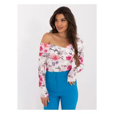 White-pink floral blouse with asymmetrical neckline