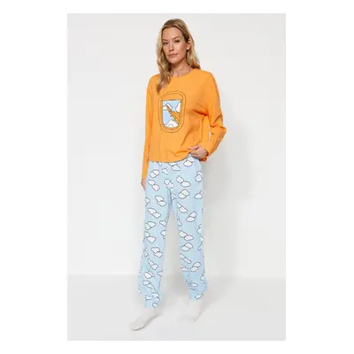 Trendyol Orange 100% Cotton Cloud Pattern T-shirt-Jogger Knitted Pajamas Set