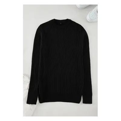 Trendyol Black Slim Crew Neck Striped Knitwear Sweater