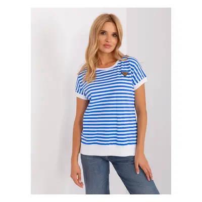 Navy blue and white striped blouse with short sleeves