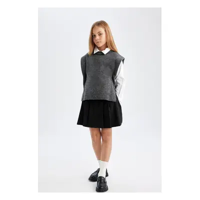 DEFACTO Girl Black Basic Button Closure Pleated Twill School Skirt