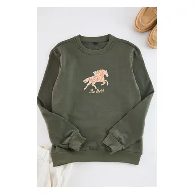 Trendyol Khaki Regular/Normal Cut Animal Printed Sweatshirt