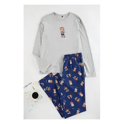 Trendyol Men's Greymelanj - Navy Blue Teddy Bear Patterned Couple/Double Knitted Pajama Set