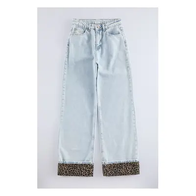 Trendyol Light Blue Leopard Patterned Folded Hem High Waist Wide Leg Jeans