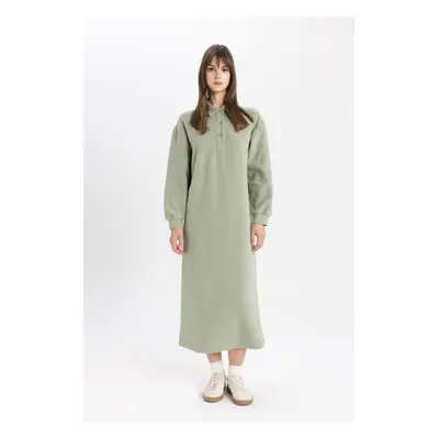 DEFACTO Regular Fit Buttoned Shirt Collar Basic Plain Long Sleeve Thessaloniki Fabric Knit Dress